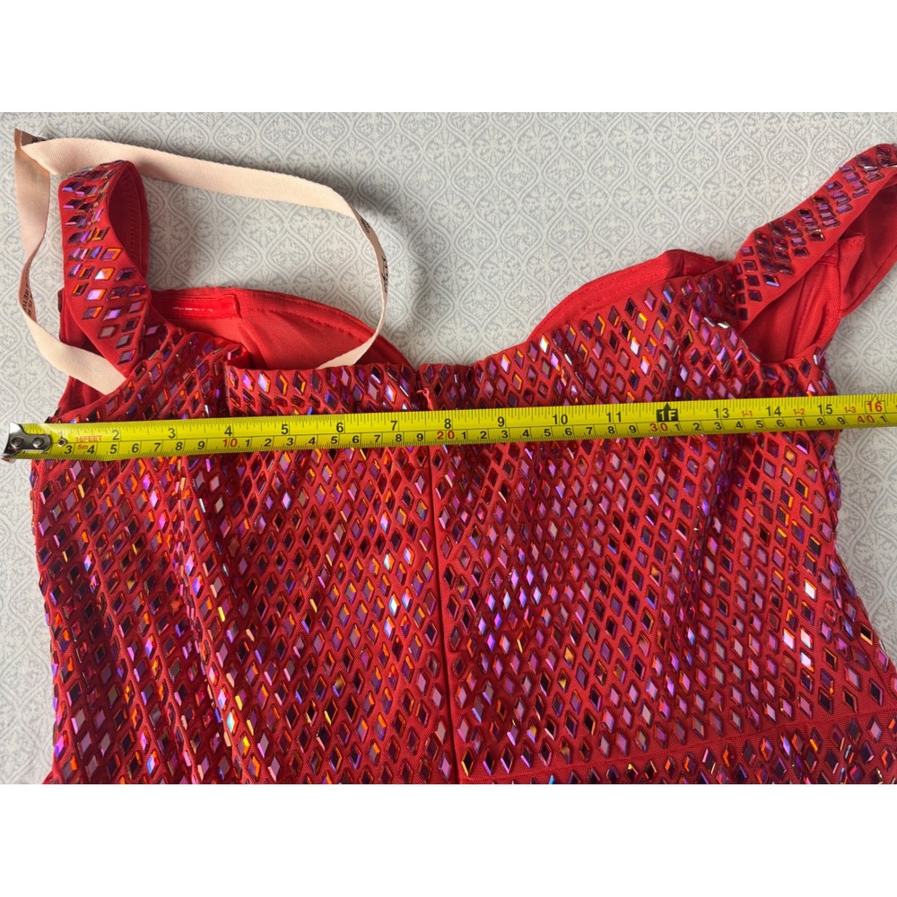 Oh Polly Red Embellished Mini Dress Off Shoulder Plunge Neck Bodycon US 10 NEW - Picture 6 of 10